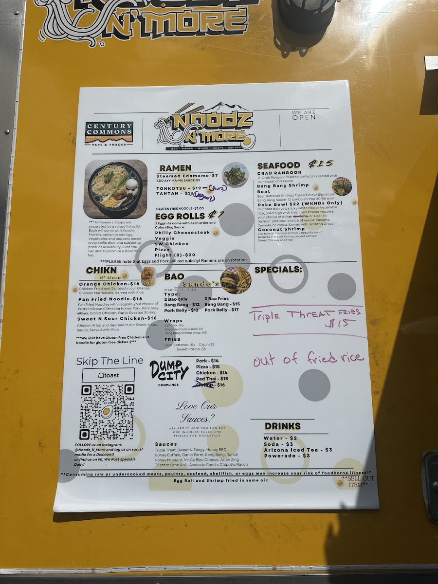 Century Commons Taps & Trucks menu board