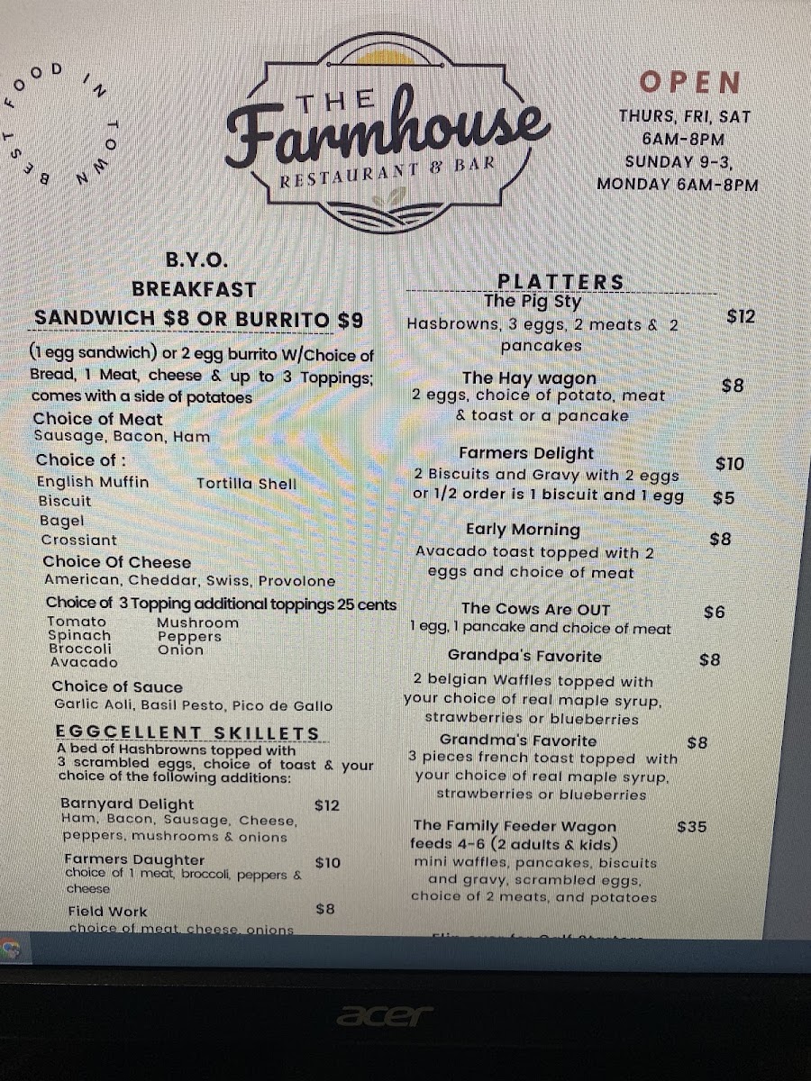 The Farmhouse Restaurant and Bar menu board