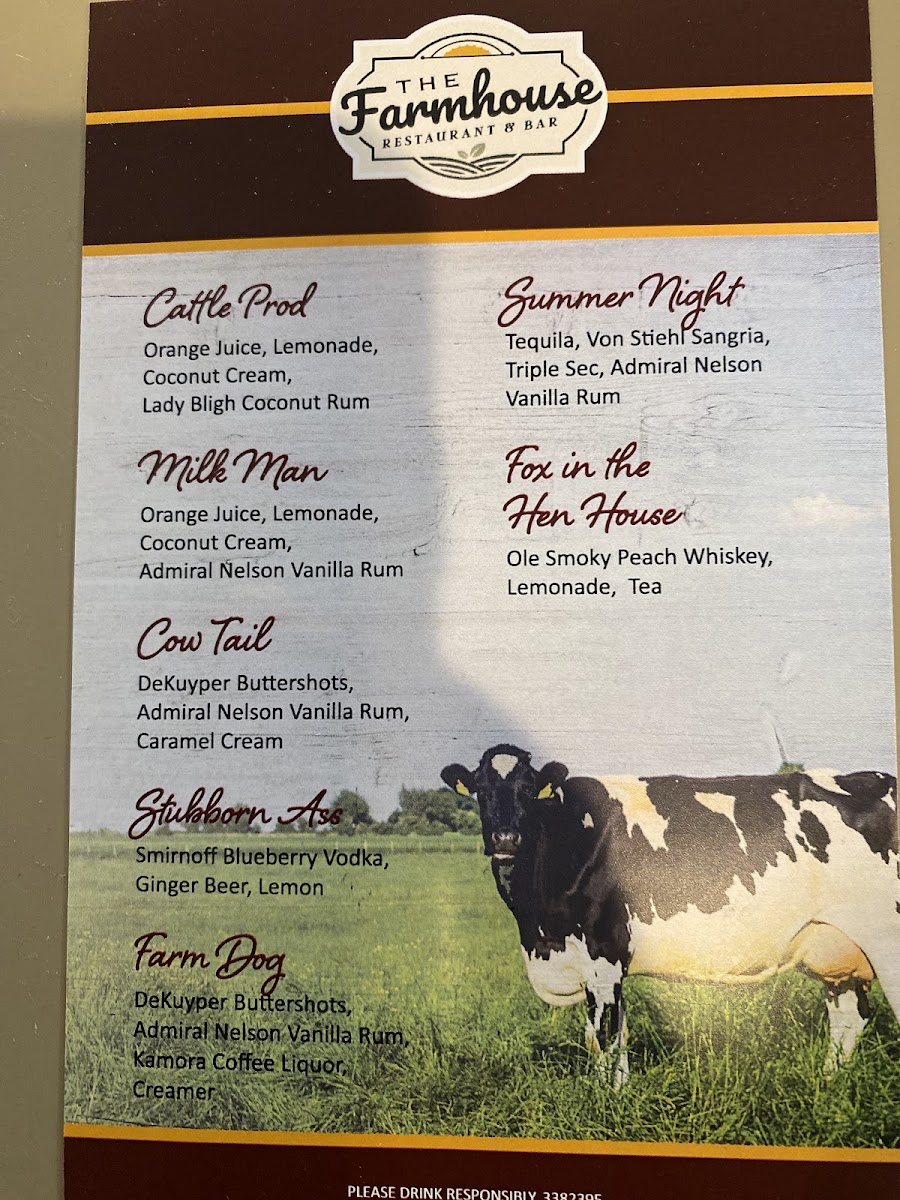 The Farmhouse Restaurant and Bar menu board