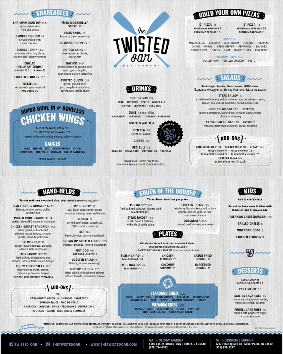 The Twisted Oar menu board