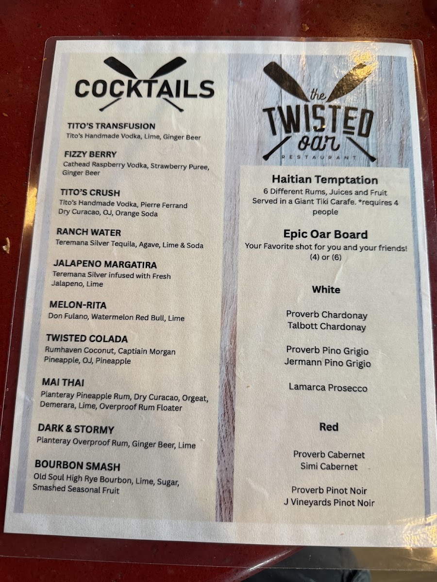 The Twisted Oar menu board