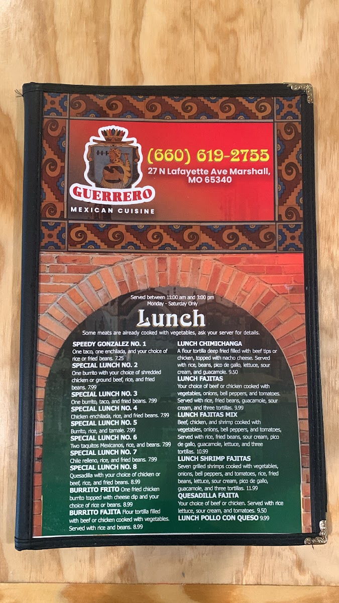 Guerrero Mexican Cuisine menu board