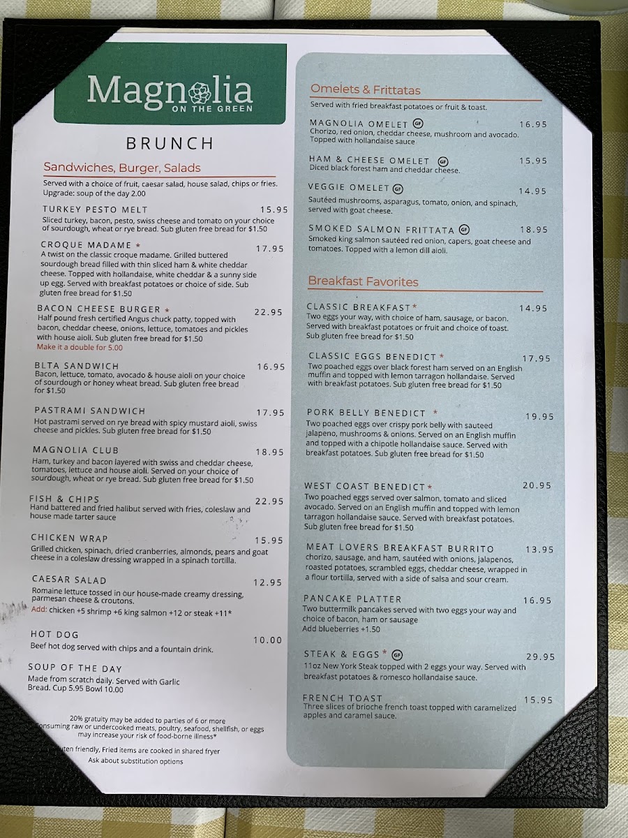 Magnolia on the Green menu board
