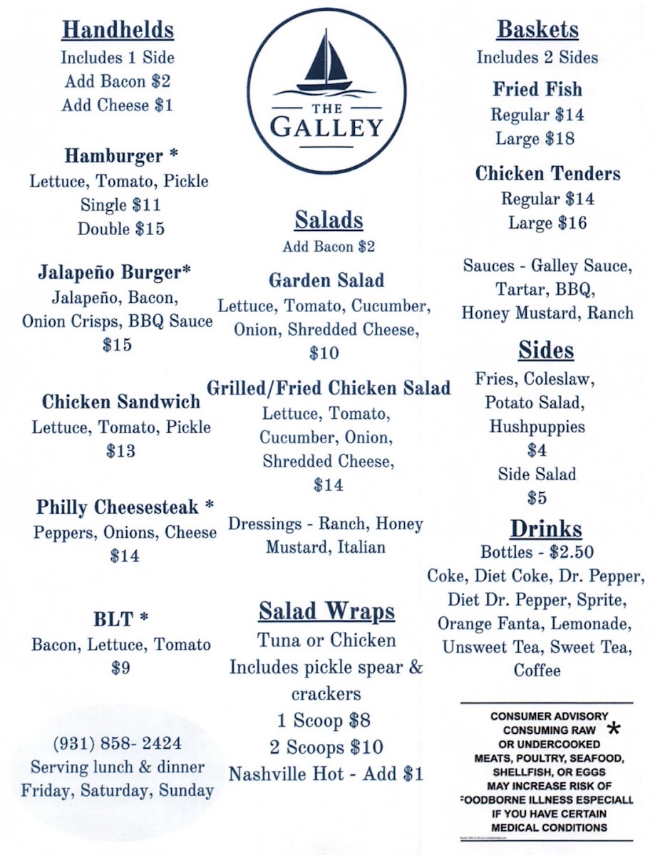 The Galley Restaurant at Edgar Evins Marina menu board