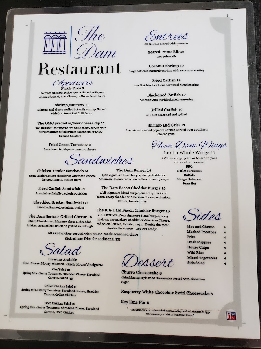 The Galley Restaurant at Edgar Evins Marina menu board