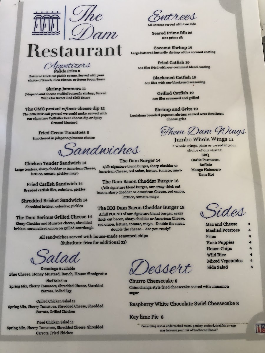 The Galley Restaurant at Edgar Evins Marina menu board