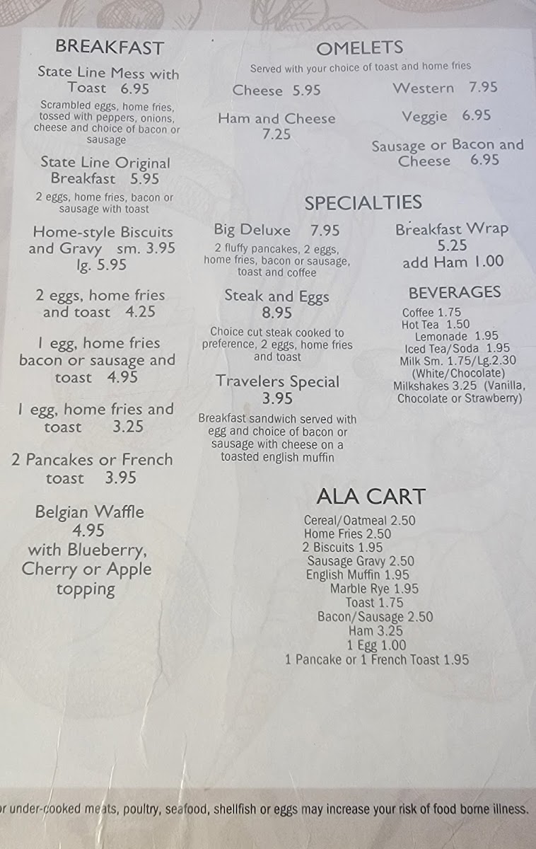 Barb's State Line Restaurant menu board