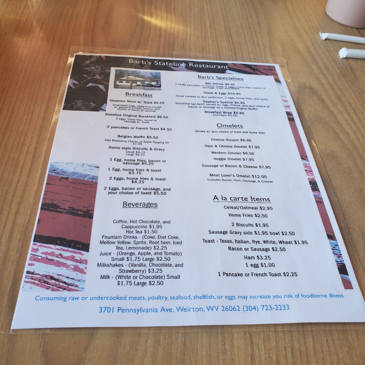 Barb's State Line Restaurant menu board