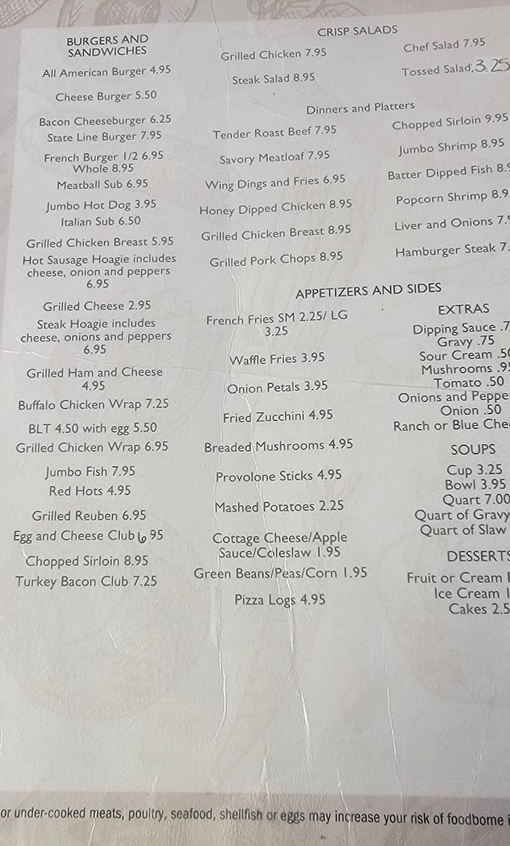 Barb's State Line Restaurant menu board