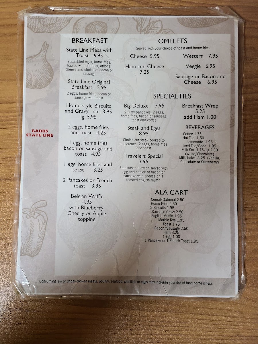 Barb's State Line Restaurant menu board