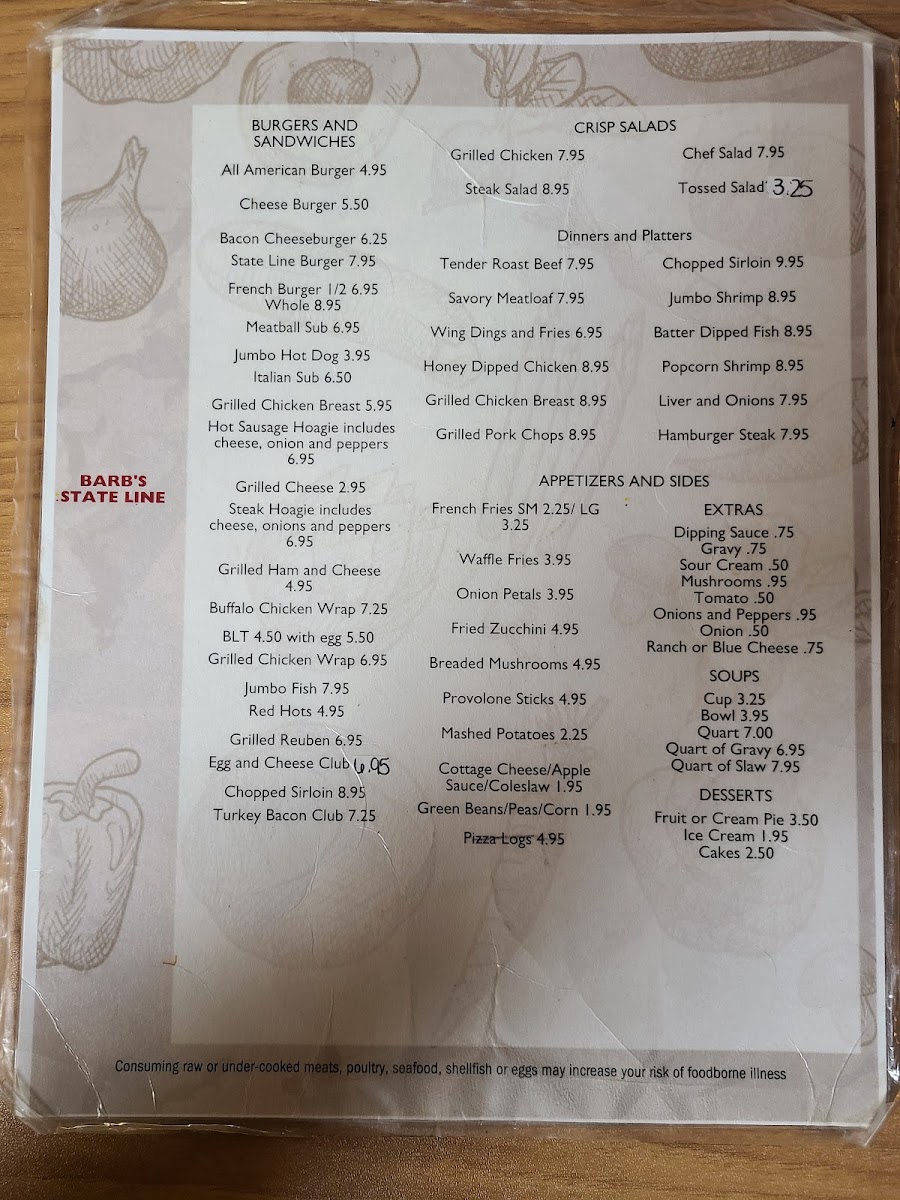Barb's State Line Restaurant menu board