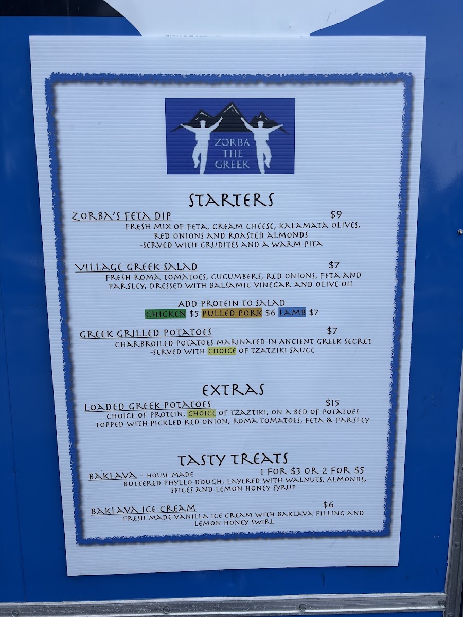 Zorba The Greek Food Truck menu board