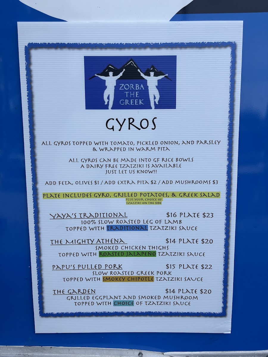 Zorba The Greek Food Truck menu board