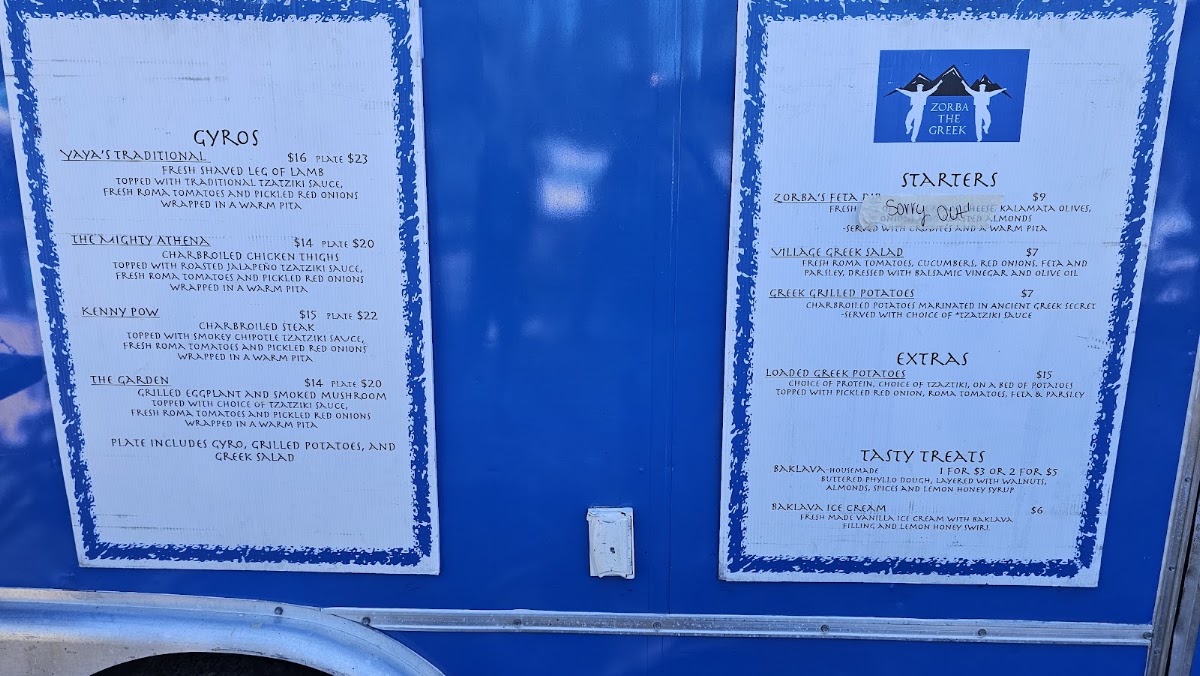 Zorba The Greek Food Truck menu board