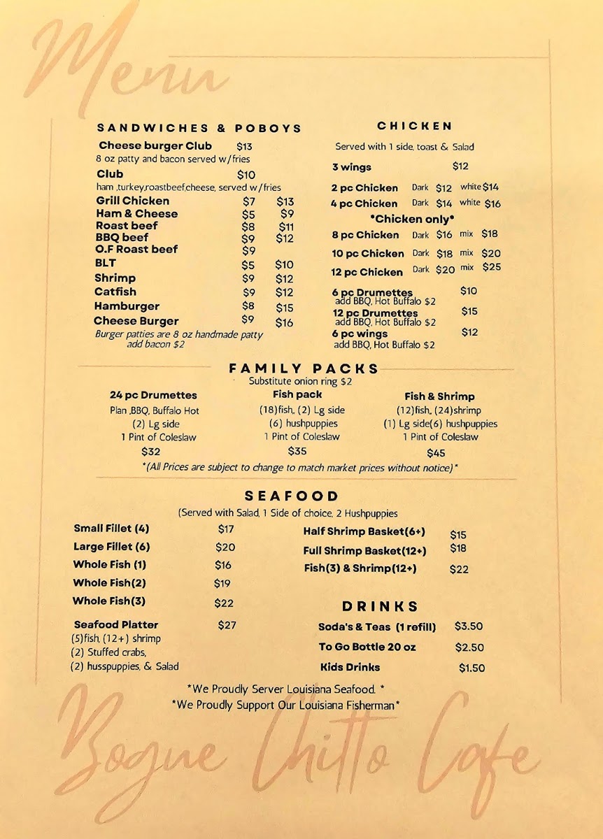 Bogue Chitto Cafe menu board