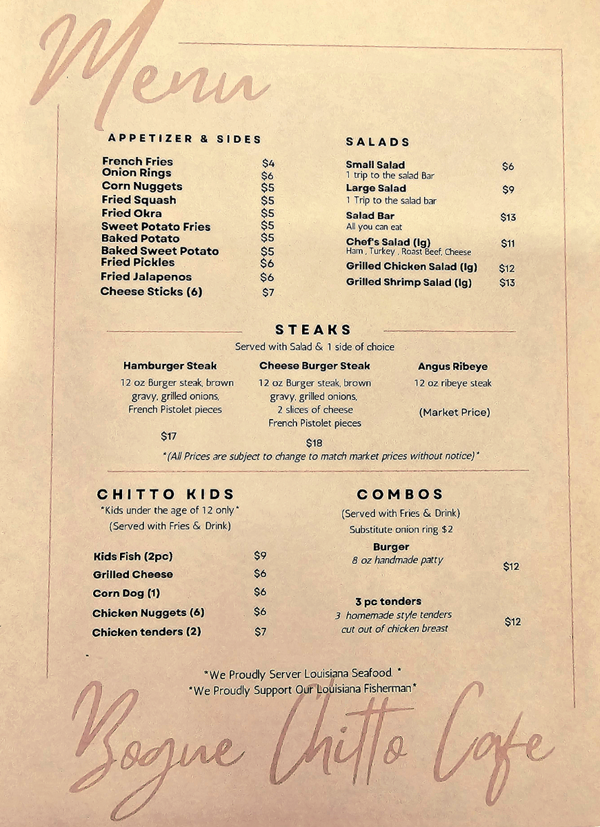Bogue Chitto Cafe menu board