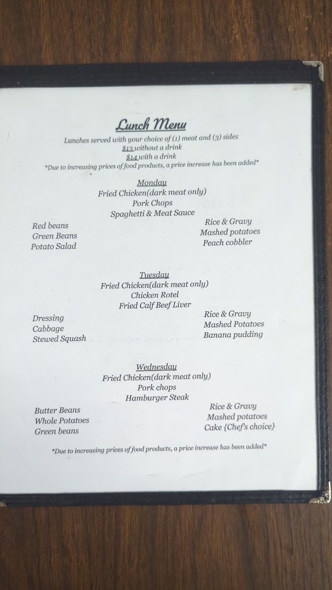 Bogue Chitto Cafe menu board