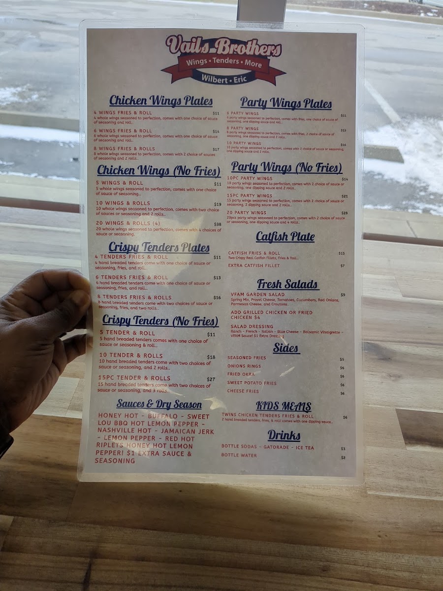 Vails Brothers Wings, Tenders & More menu board