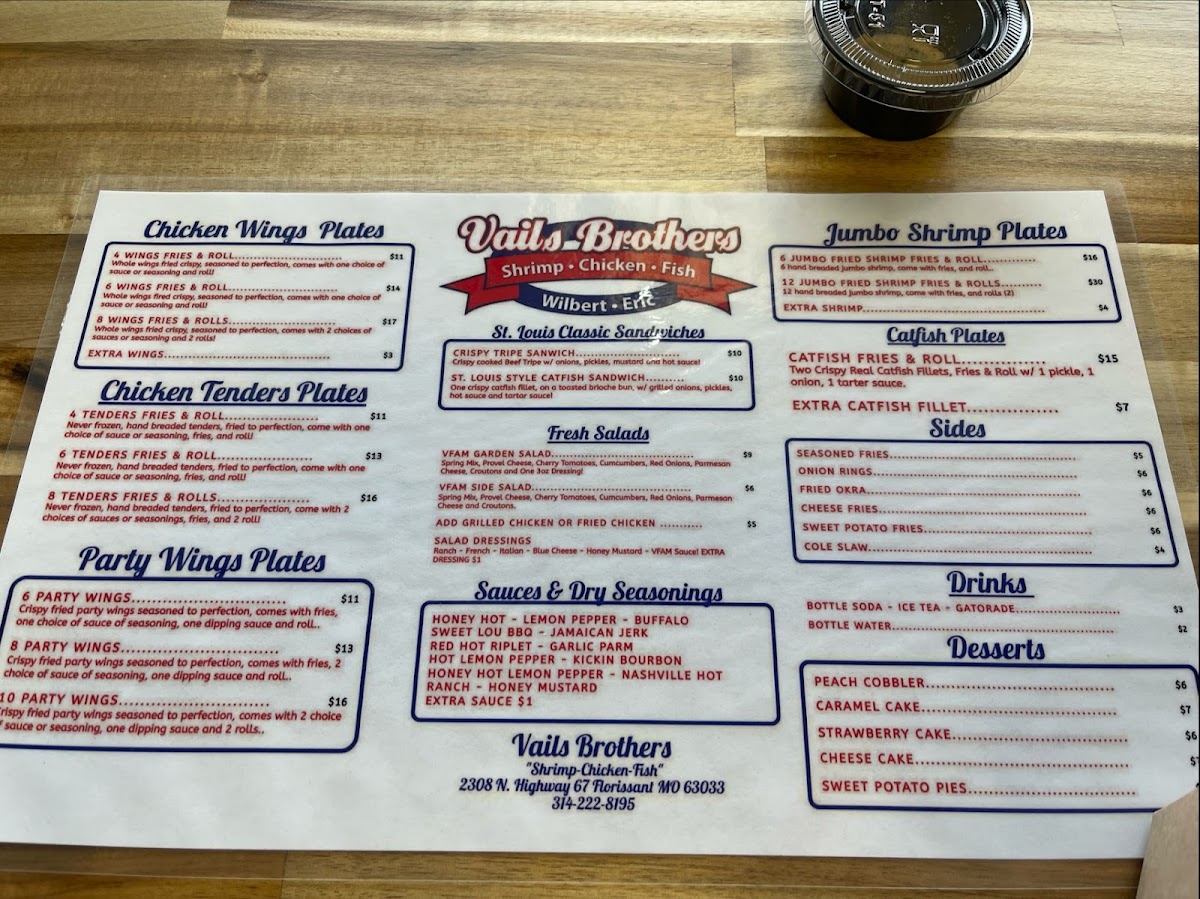 Vails Brothers Wings, Tenders & More menu board