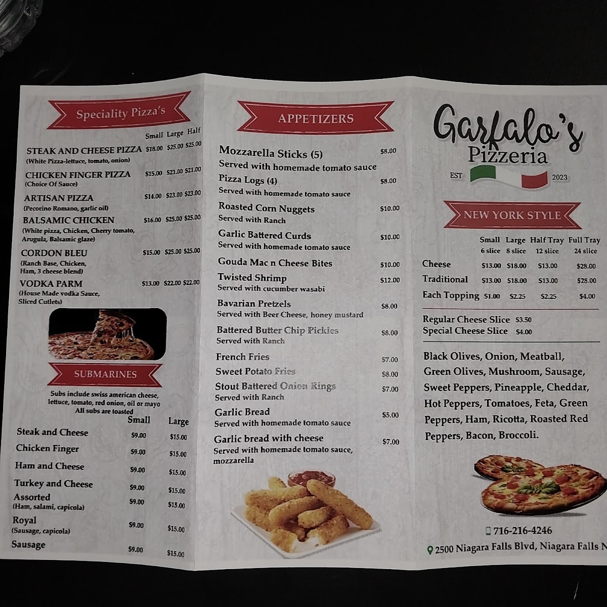 Garfalo's Pizzeria menu board