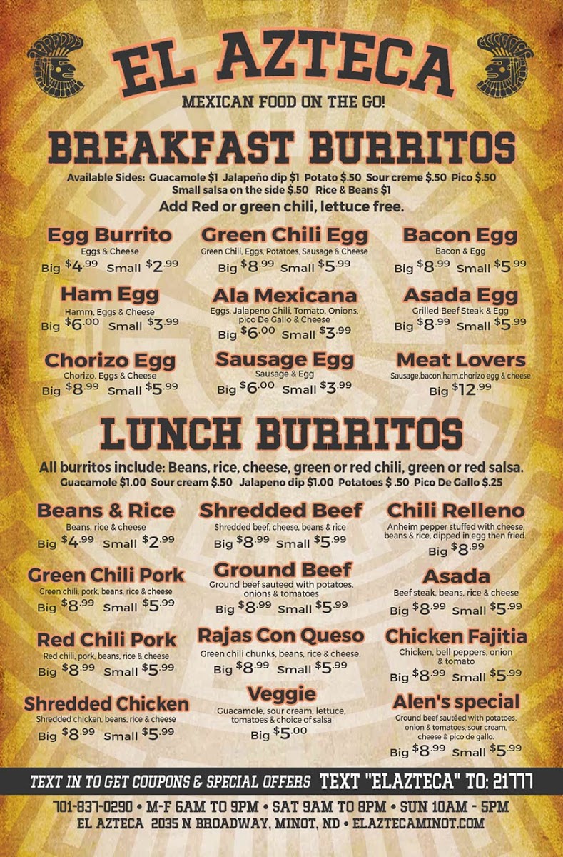 El Azteca menu board