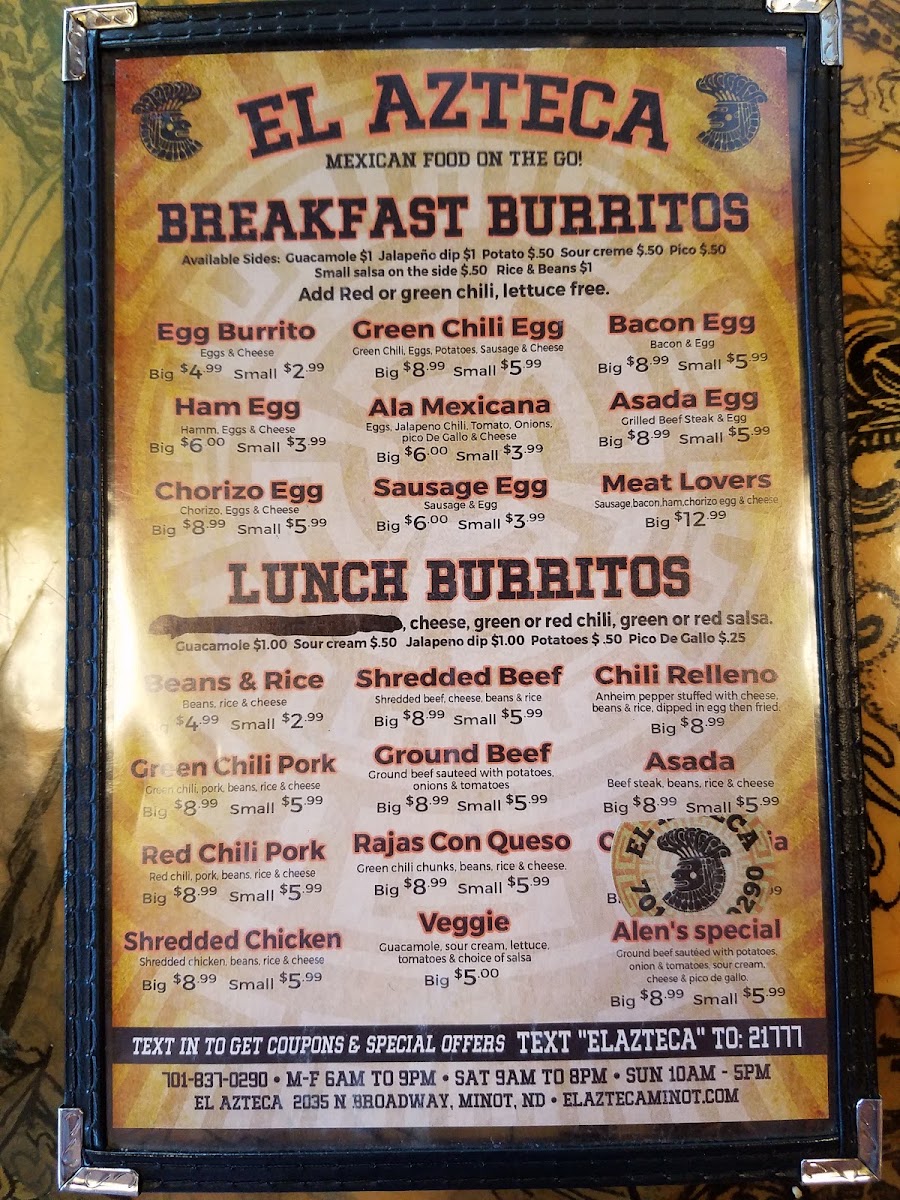 El Azteca menu board
