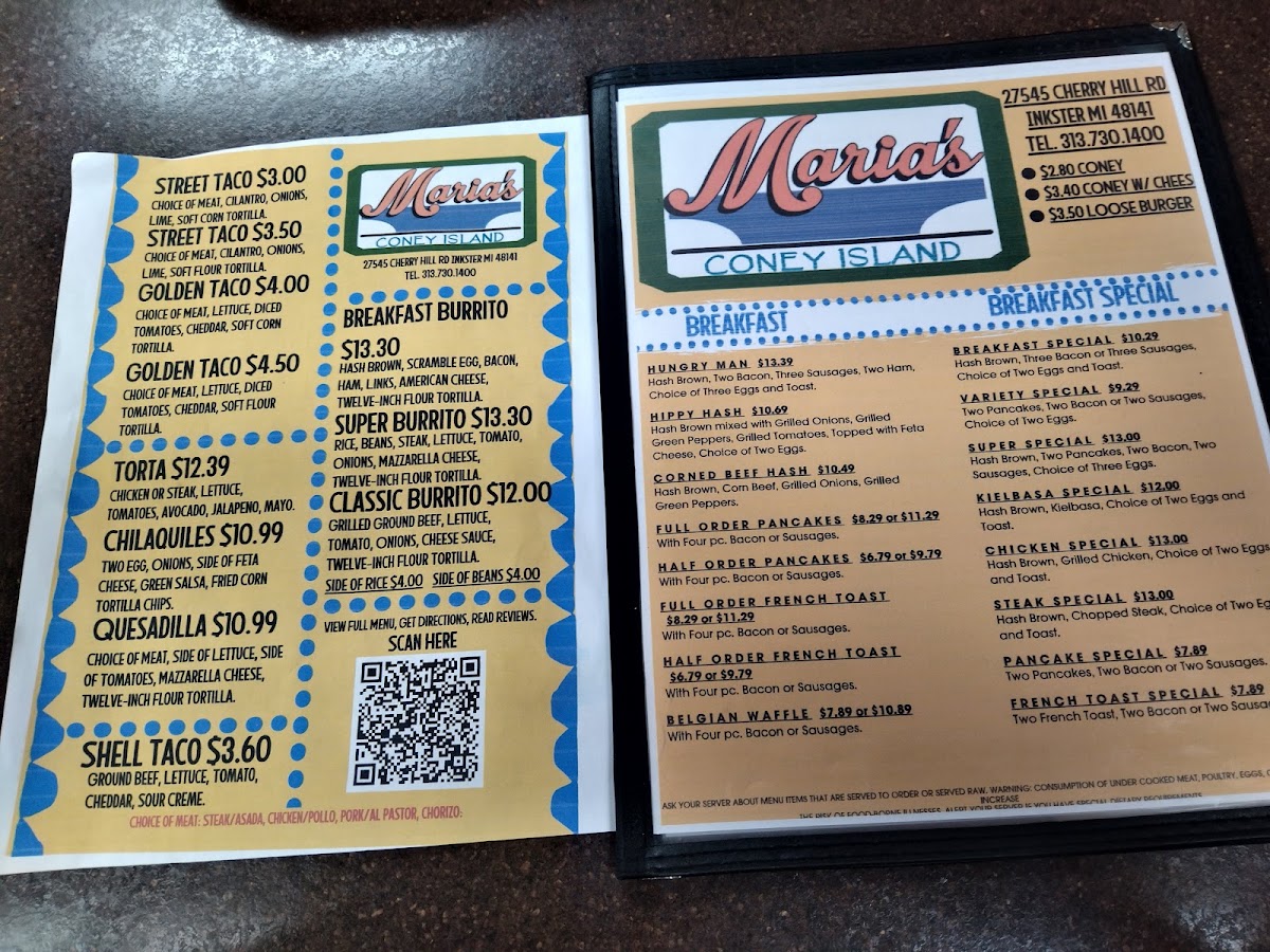 Maria's Coney Island menu board