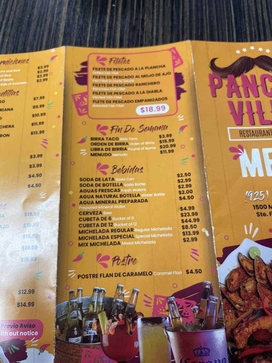 Pancho Villa Restaurant menu board