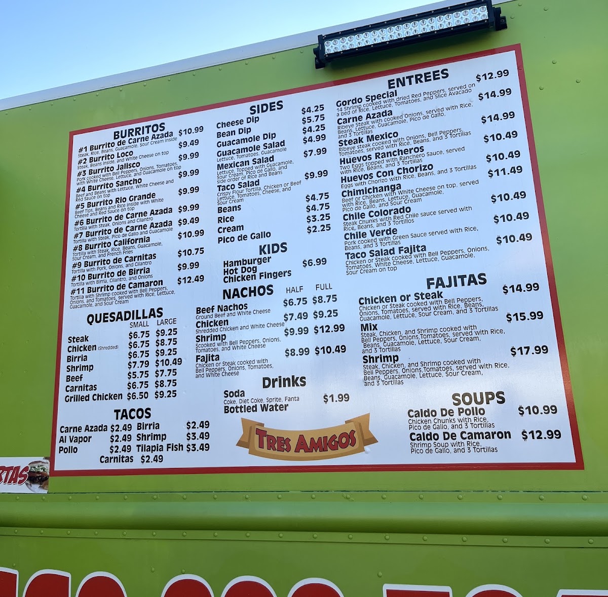 Tres Amigos menu board
