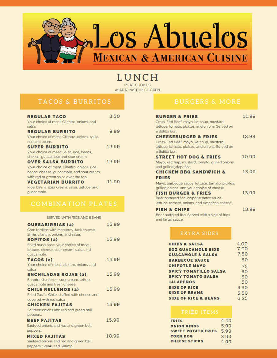 Los Abuelos menu board