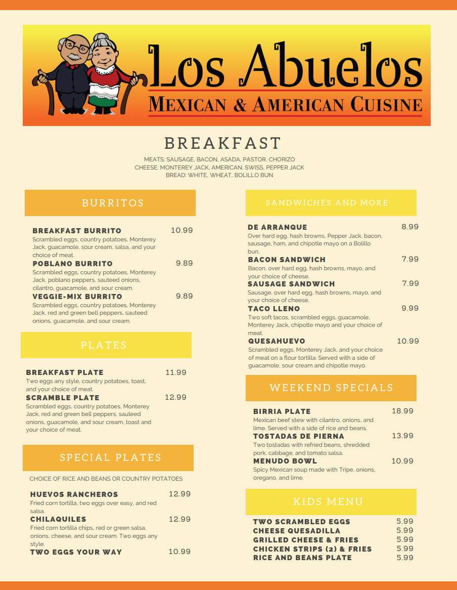 Los Abuelos menu board