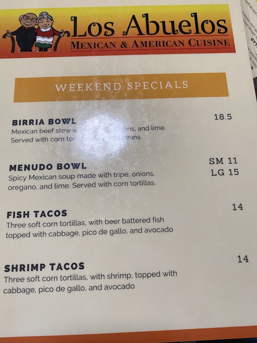 Los Abuelos menu board
