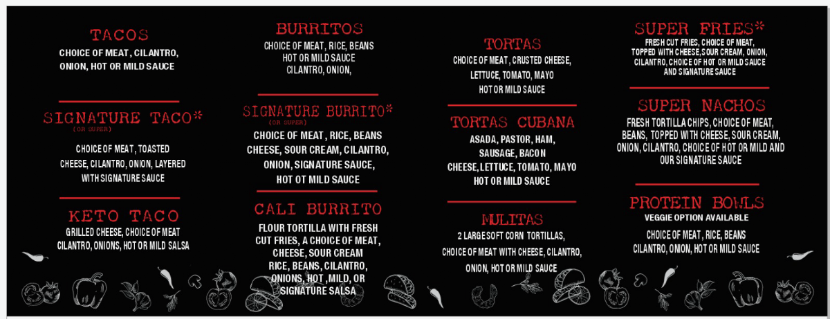 Fuego Taqueria menu board