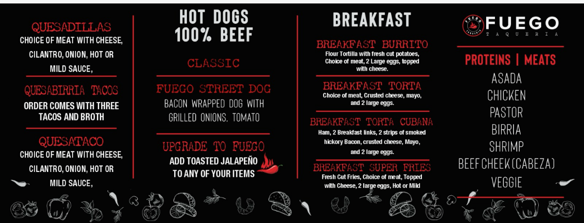 Fuego Taqueria menu board
