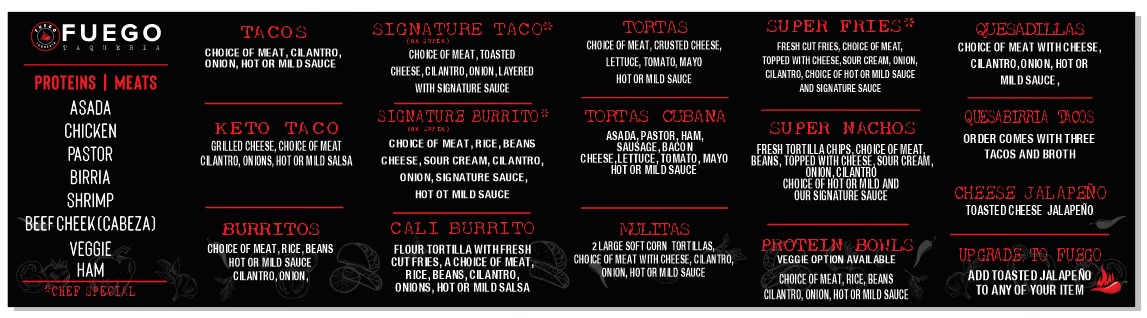 Fuego Taqueria menu board