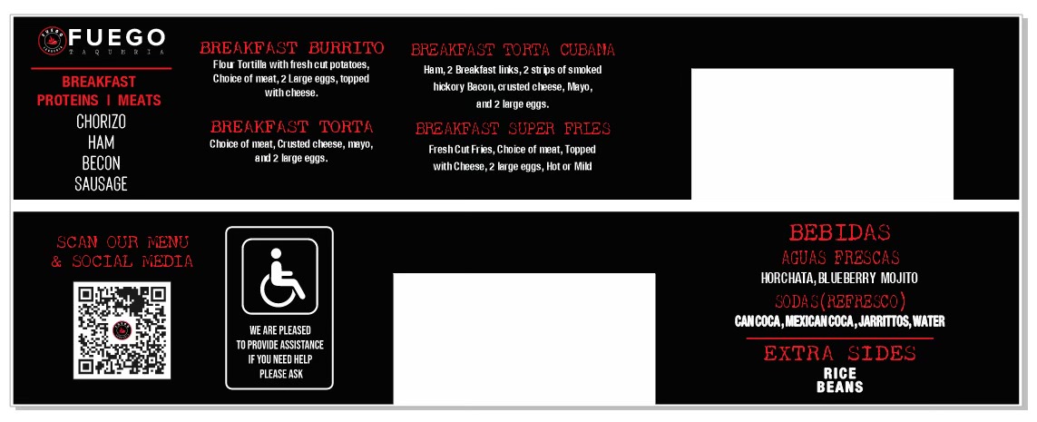 Fuego Taqueria menu board