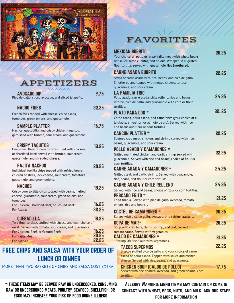La Familia Mexican Restaurant menu board