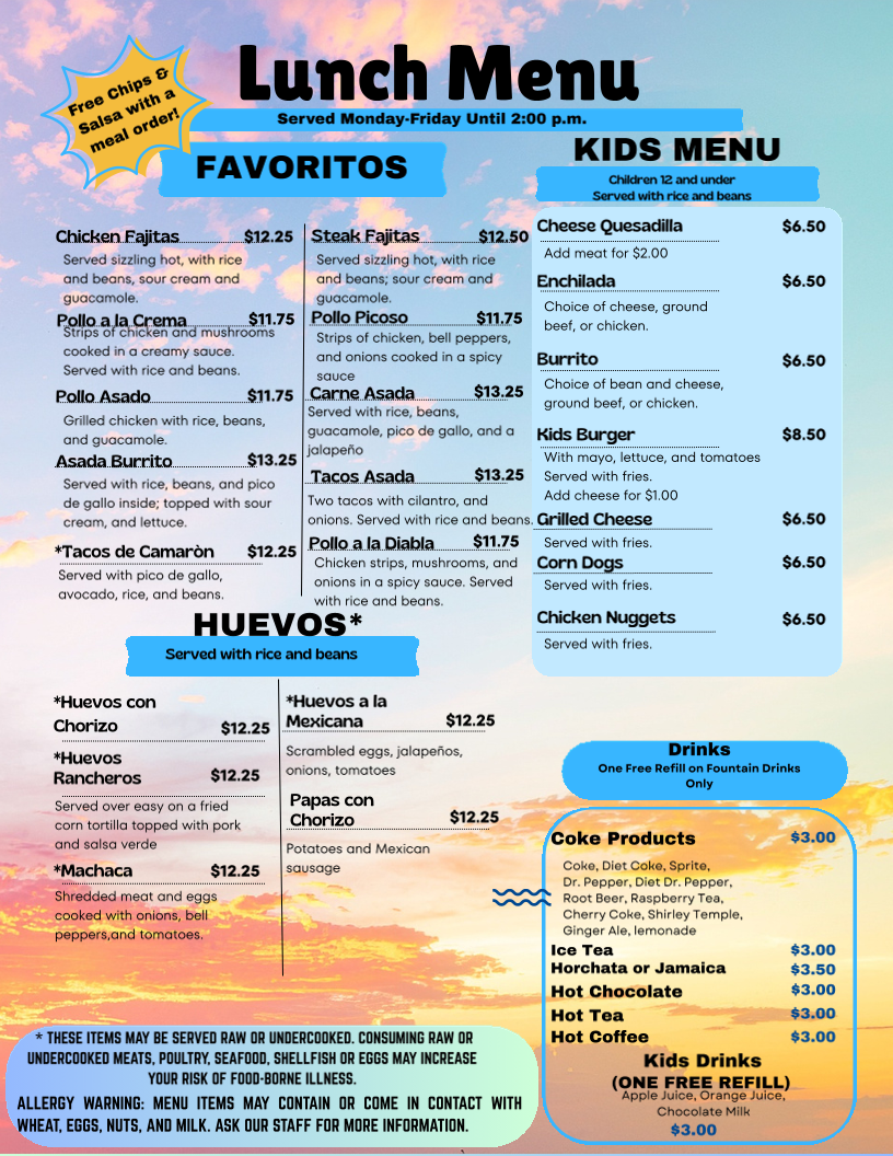 La Familia Mexican Restaurant menu board