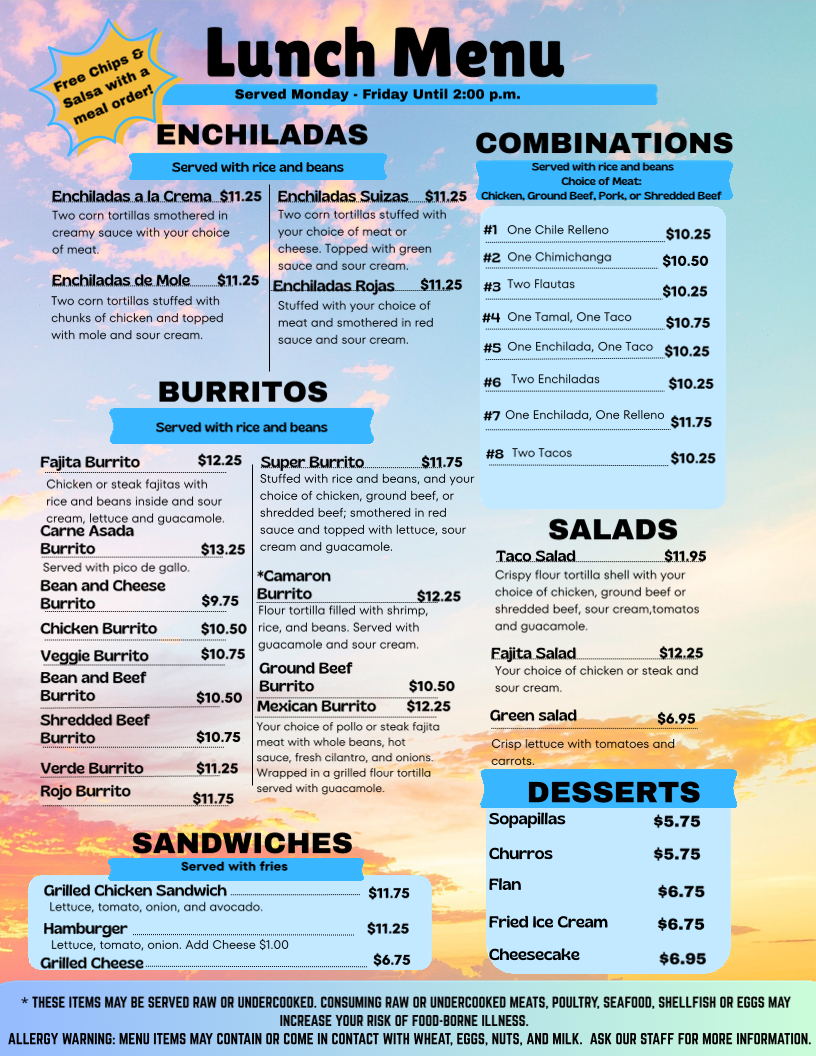 La Familia Mexican Restaurant menu board