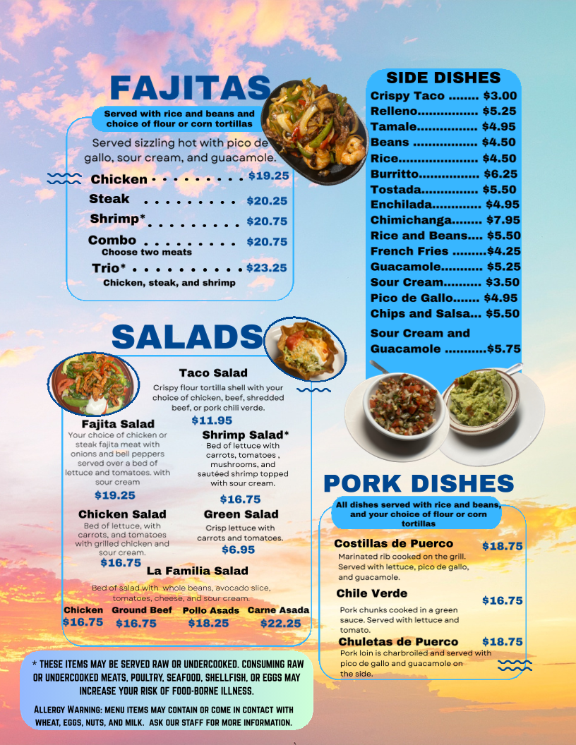 La Familia Mexican Restaurant menu board