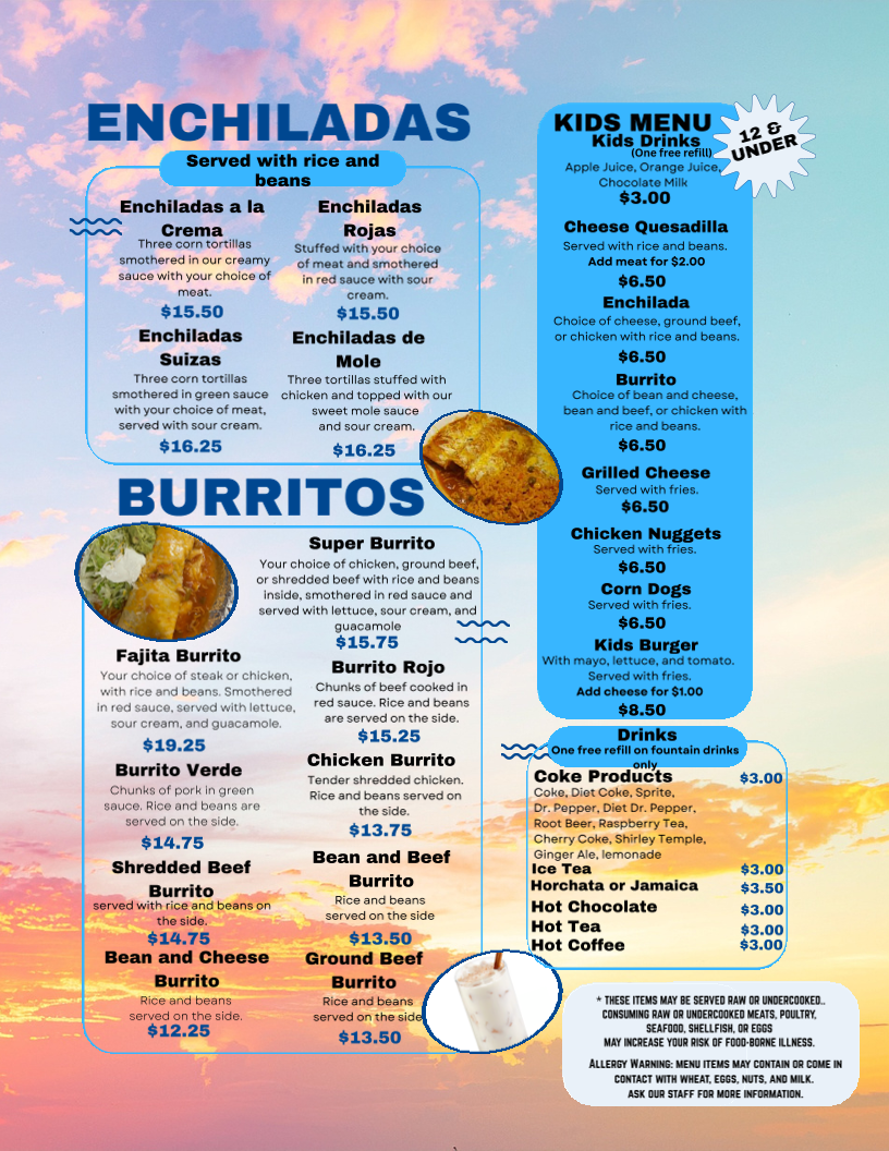 La Familia Mexican Restaurant menu board