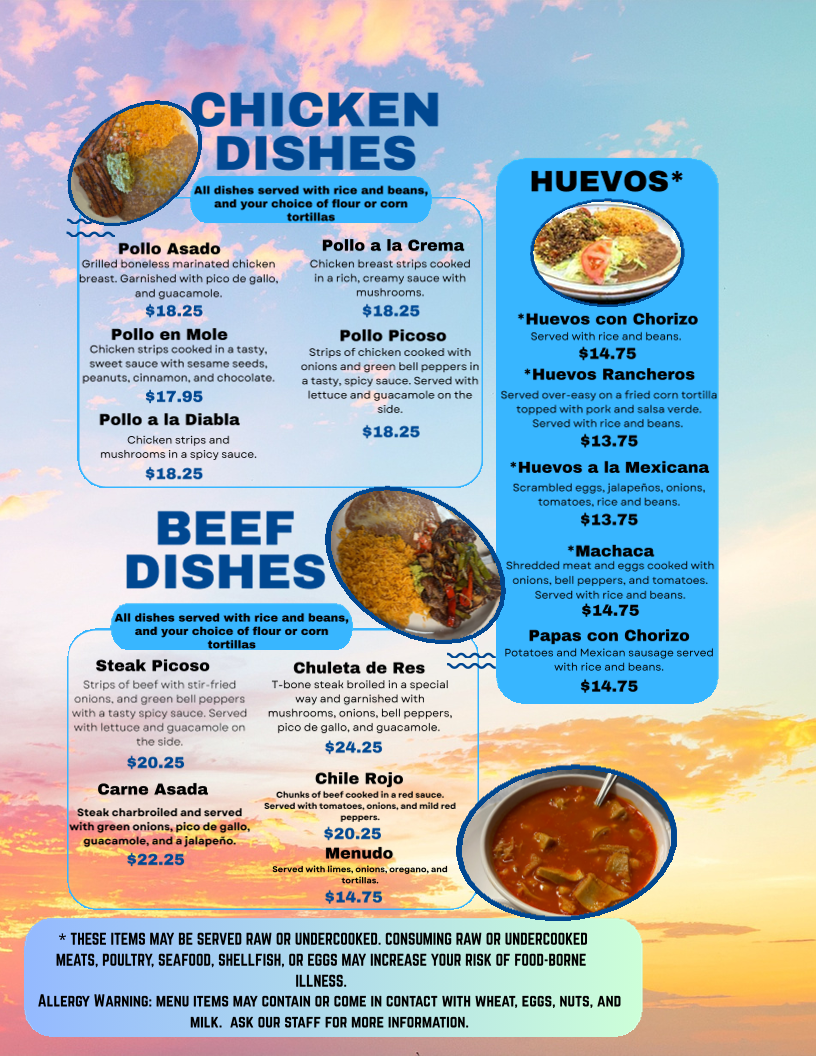 La Familia Mexican Restaurant menu board