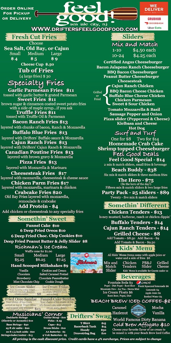 Drifters Feel Good Food menu board