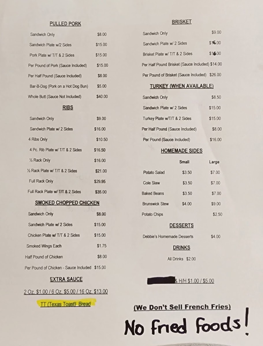Papaw's Trading Post Bac-Yard BBQ menu board