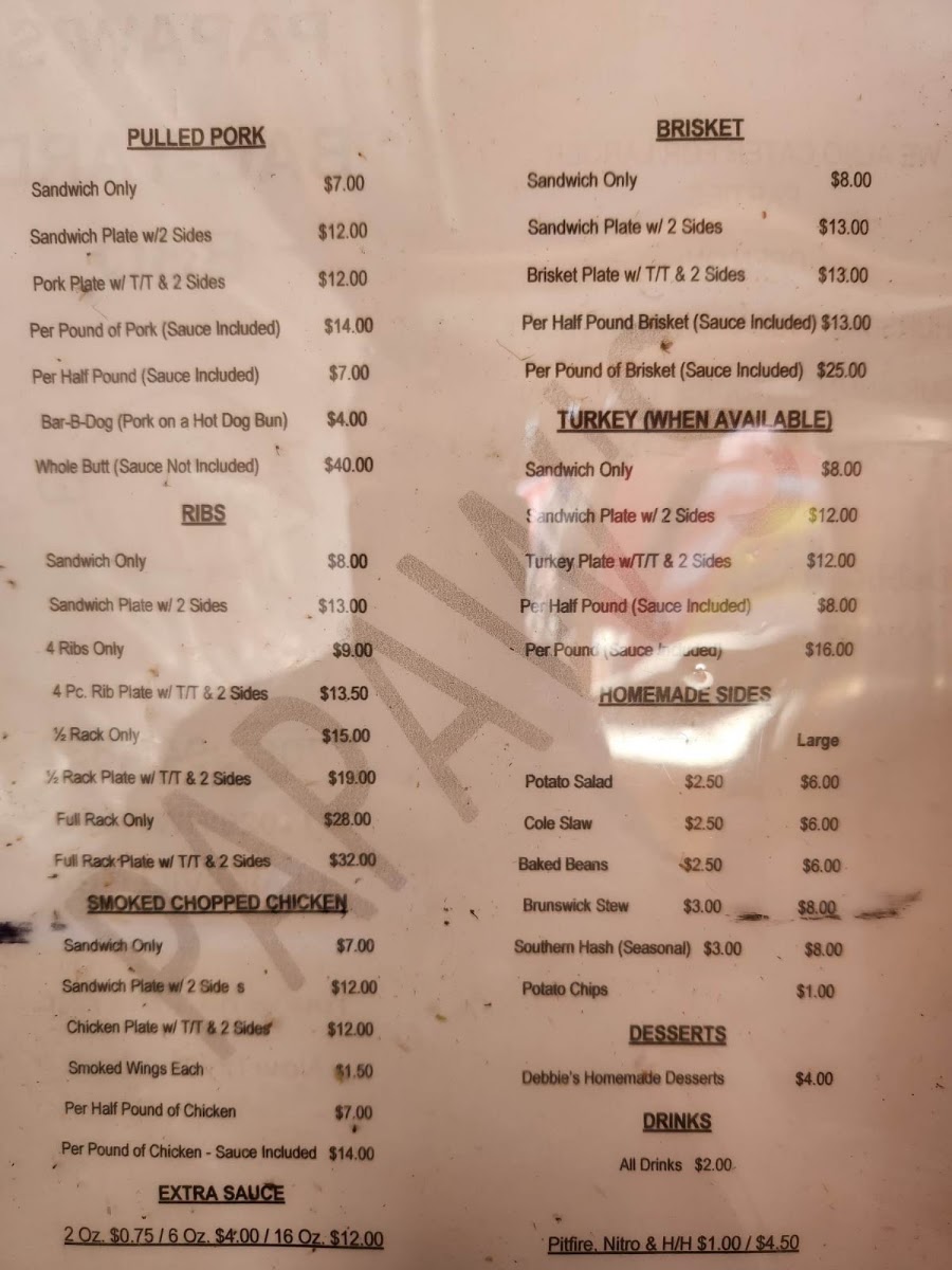 Papaw's Trading Post Bac-Yard BBQ menu board