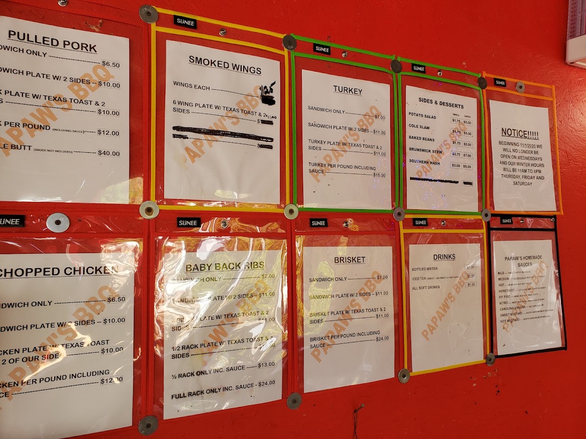Papaw's Trading Post Bac-Yard BBQ menu board