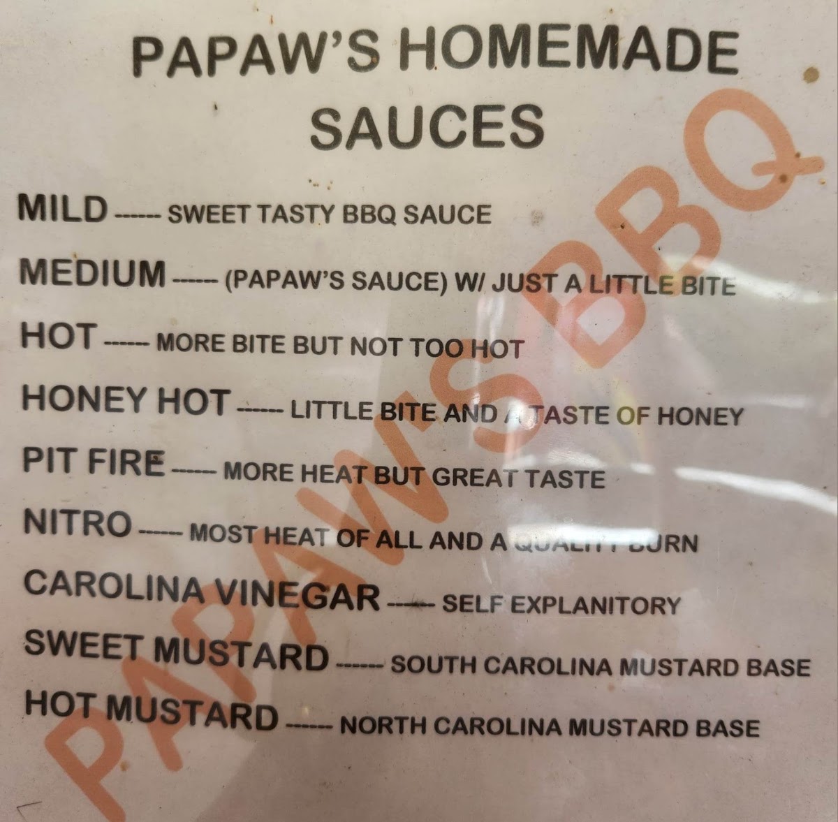 Papaw's Trading Post Bac-Yard BBQ menu board