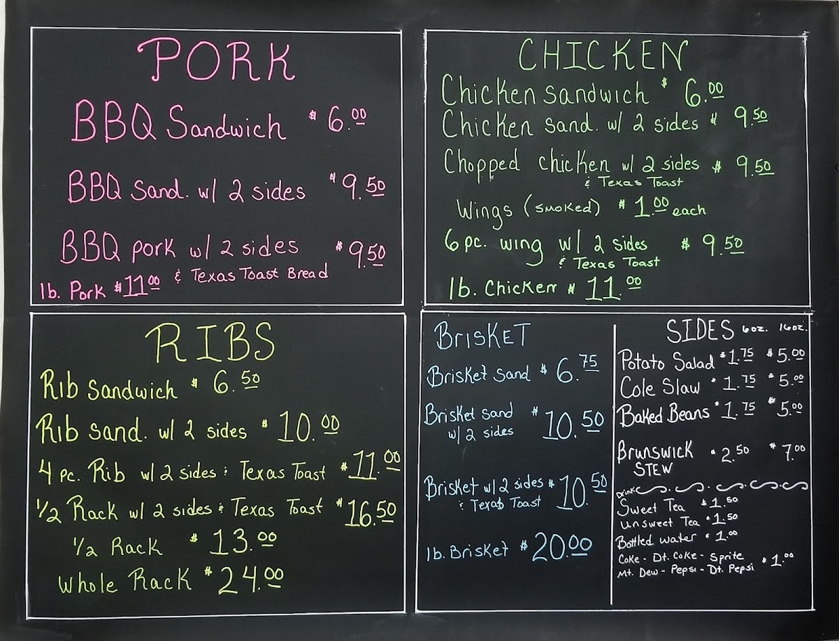Papaw's Trading Post Bac-Yard BBQ menu board