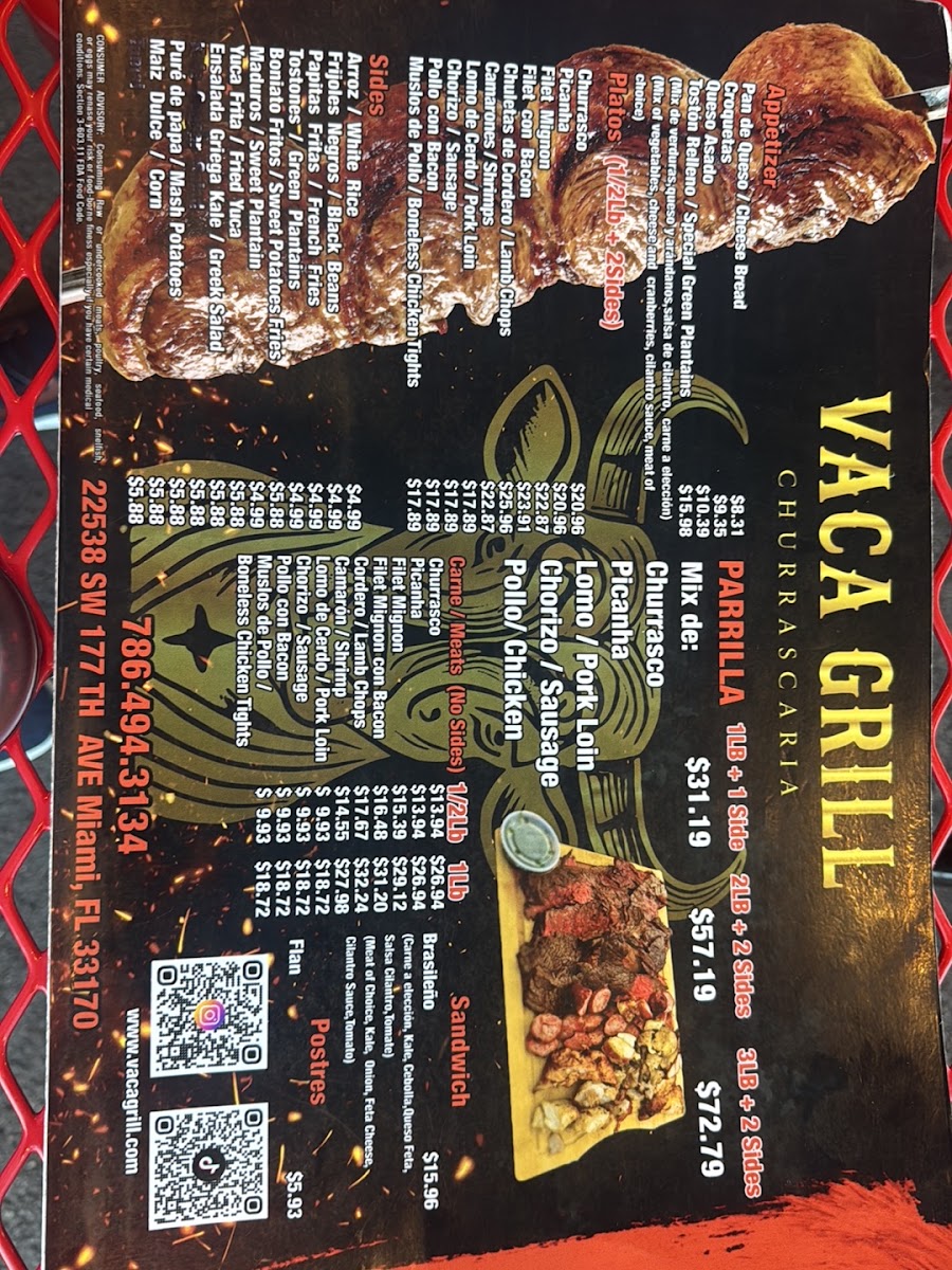 Vaca Grill menu board
