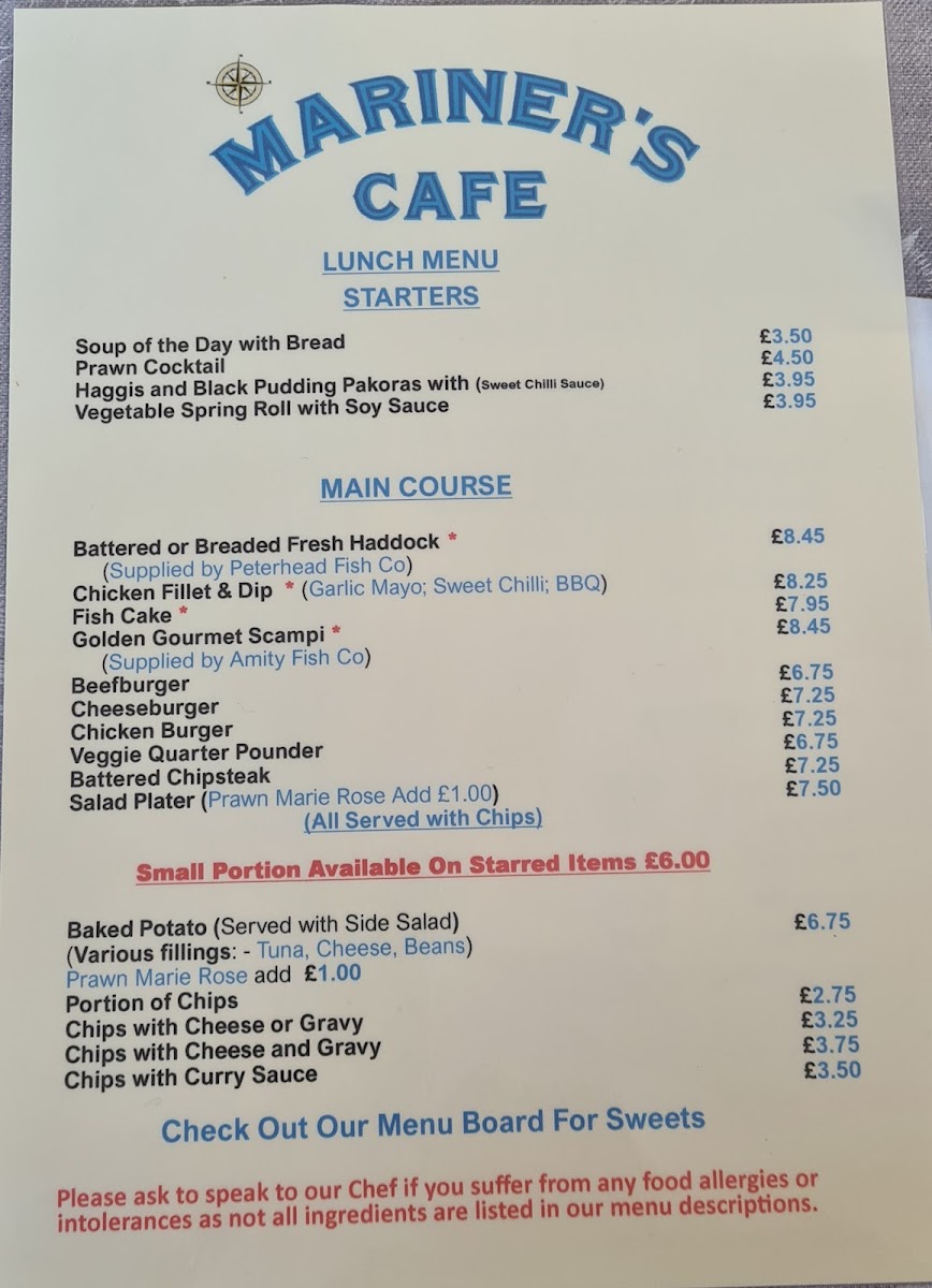Mariners Café menu board